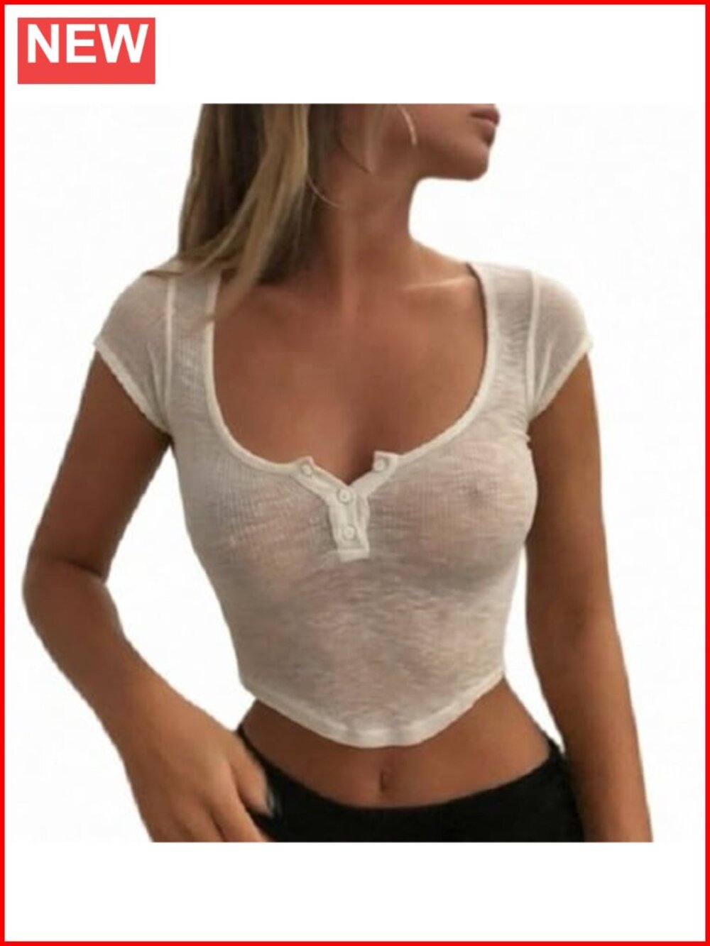 NUFIWI Sheer Button Front Short Sleeve Crop Top Y2K Baby Tee